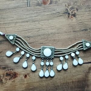 Boho Afghan Necklace White and Gold